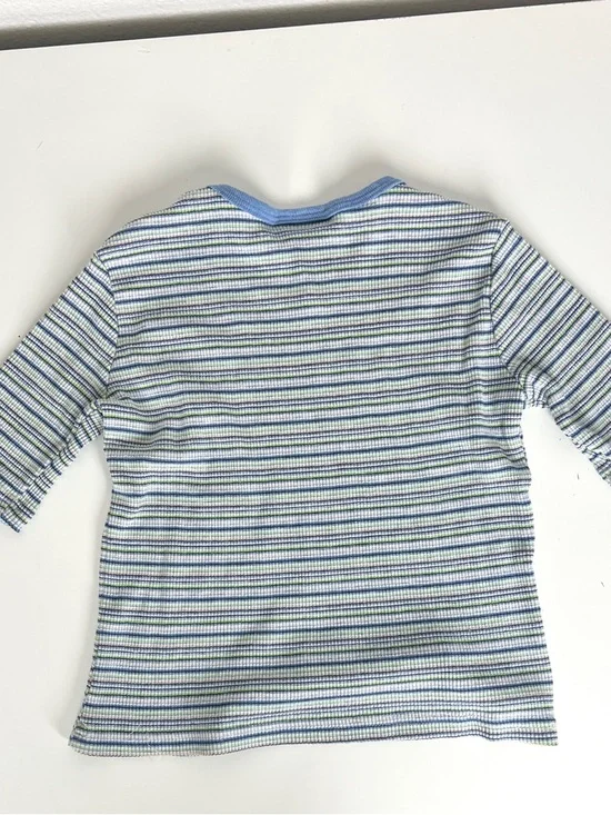 Vintage Y2K Blue and White Striped Crop Top 2000s Ribbed Knit Cropped Baby Tee - Picture 5 of 5